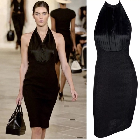 Ralph Lauren Runway Black Linen Button Up Backless Halter Mini Dress Tuxedo 2007 - Picture 1 of 15
